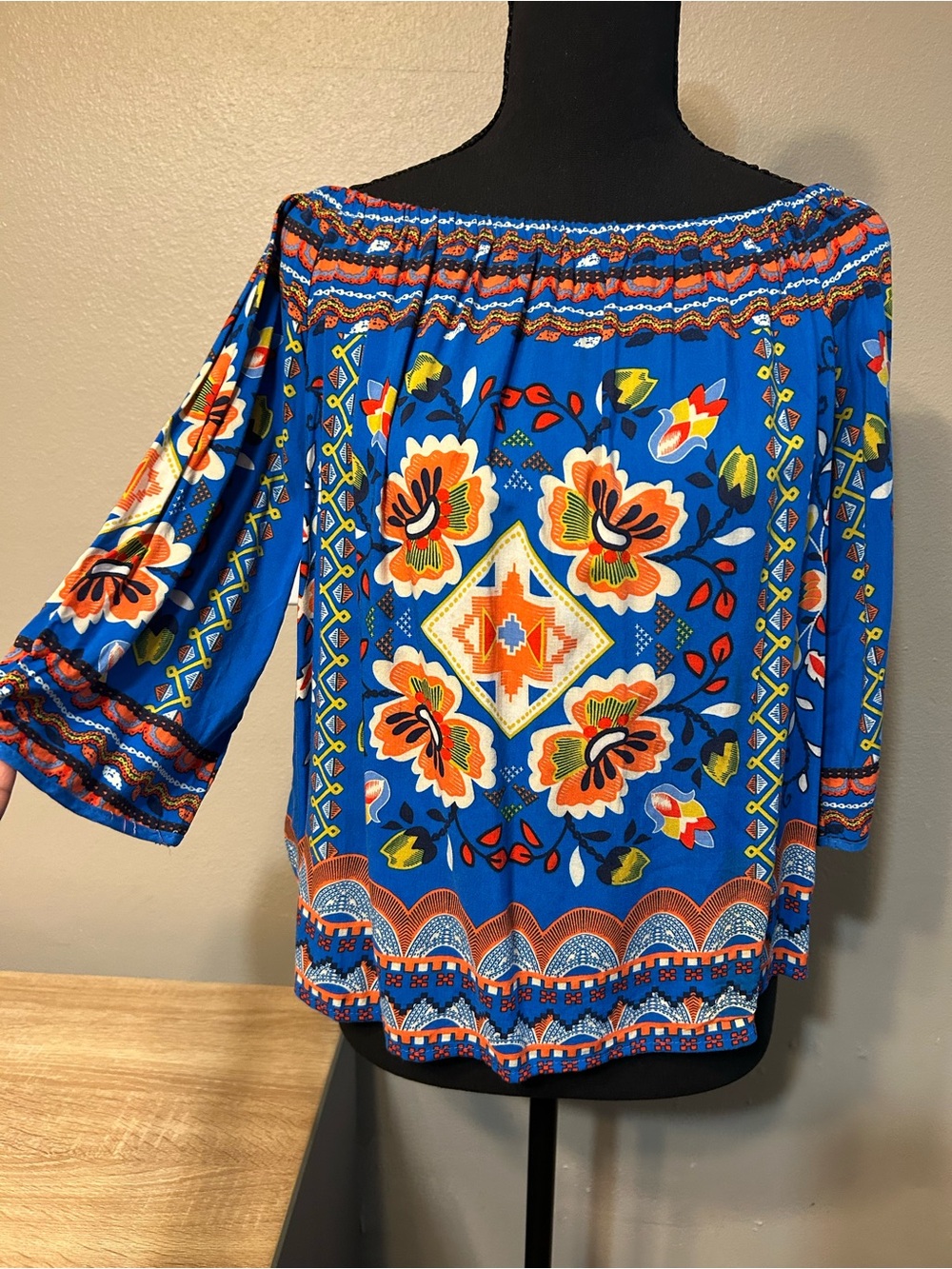 Flying Tomato XS Blue Orange Floral Off Shoulder Boho Peasant Top